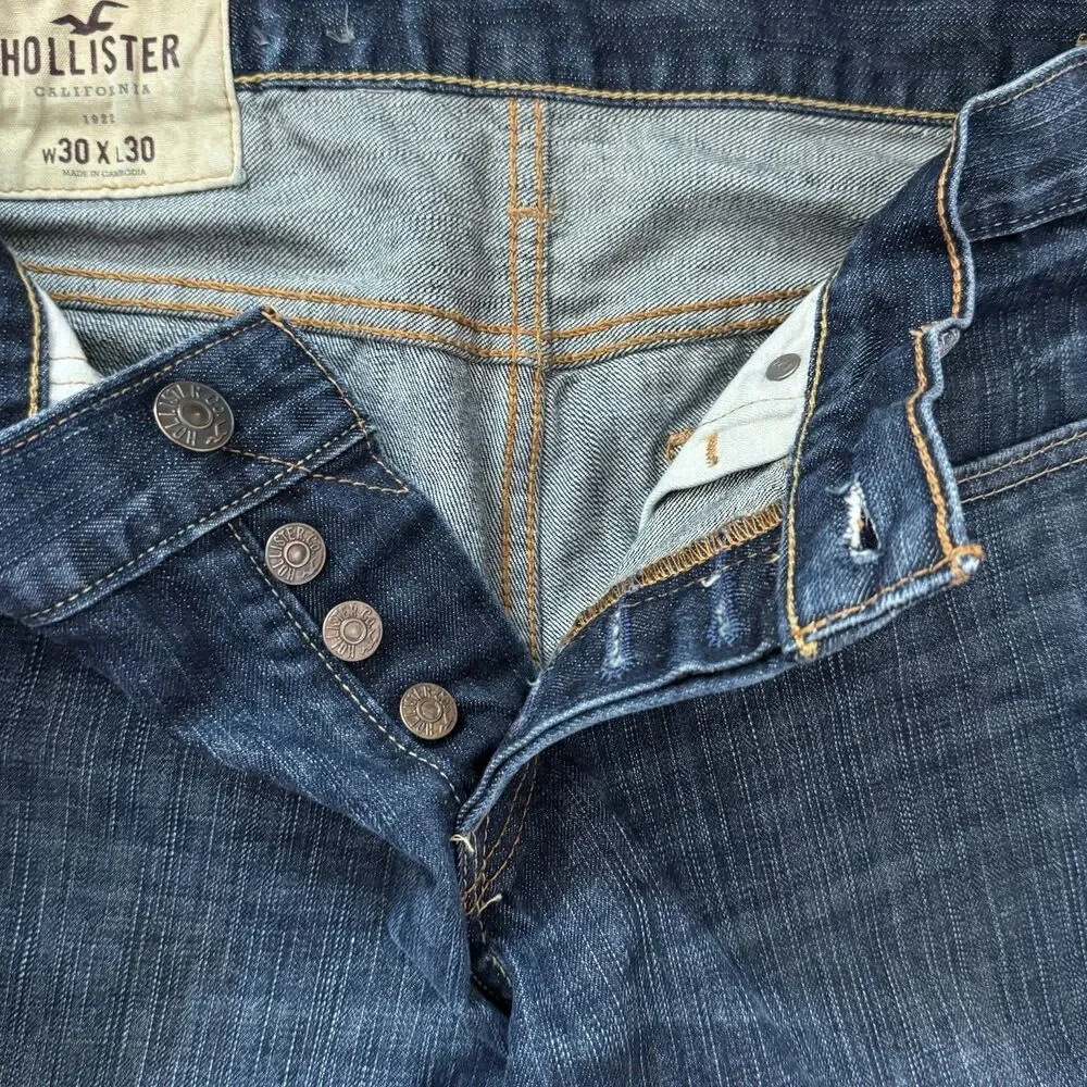Hollister Mens Jeans 30x30 (Fits 32 Waist) Button Fly Blue Dark Wash Denim Pants
